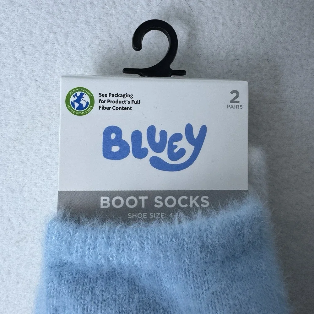 New Bluey Boot Socks Cozy Fuzzy Socks Pom Pom 2 Pairs Shoe Size 4-10 Blue White